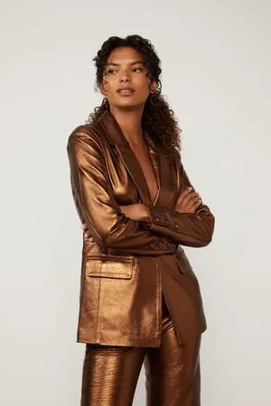 Animale Blazer De Couro Oversized Metalizado Ouro Escuro