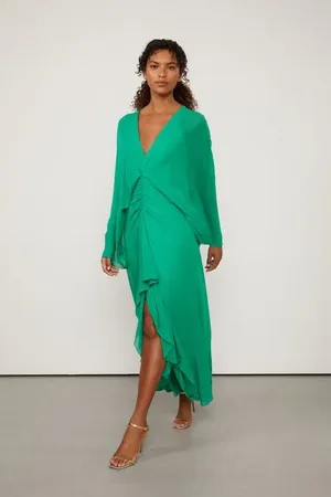 Animale Vestido De Georgette Leve Longo Verde Manga Ampla Verde Folha
