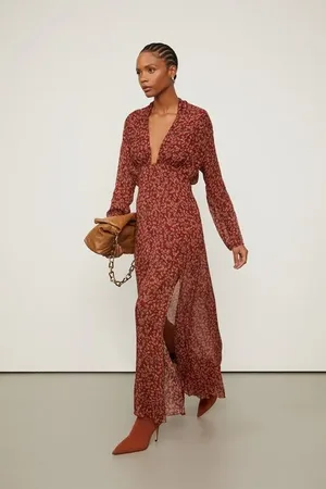Animale Vestido De Georgette Leve Longo Manga Longa Estampado Com Fenda Est Onca Reticula Ruibarbo e Doe