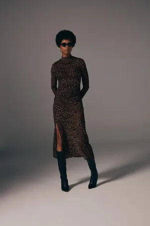Animale Vestido De Tule Devorê Manga Longa Midi Preto