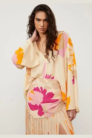 Animale Camisa De Georgette Pesado Lenço Manga Ampla Estampada Est Floral Geometrico Block Color