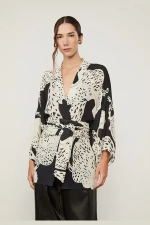 Animale Kimono De Georgette Pesado Estampado Est Lenco Pantera Preto e Branco
