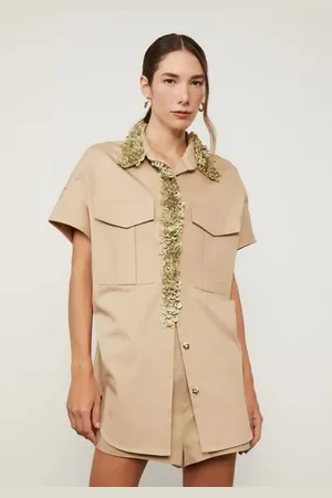 Animale Camisa Mg Curta Com Bolsos Bordada Bege Cashmere