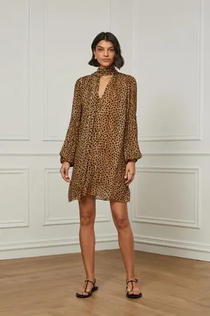 Animale Vestido Curto Com Gola v e Detalhe Faixa Estampa Onça Est Onca Liberty Color e Branco p
