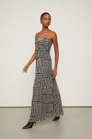 Animale Vestido De Georgette Longo Com Busto Franzido Estampado Est Listra Corrente Preto e Off
