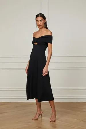 Animale Vestido De Crepe Midi Ombro a Ombro Laço Com Cut Preto