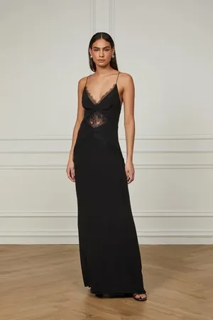 Animale Vestido Longo De Seda Com Renda Preto