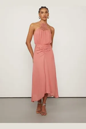 Animale Vestido De Georgete Midi Rosa Frente Única Macramê Rosa Mosqueta