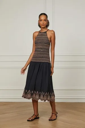 Animale Vestido De Algodão Midi Preto Com Bordado Vintage Artesanal Preto