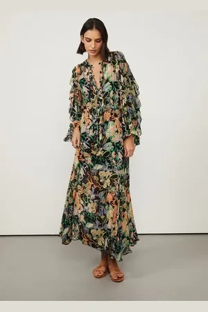 Animale Vestido De Georgette Leve Longo Nesgas Estampado Manga Longa Est Floral Pastel Preto e Leve