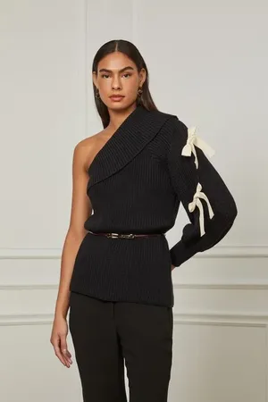 Animale Pull De Tricot Um Ombro Só Com Manga Longa e Detalhe Laço Basic Preto
