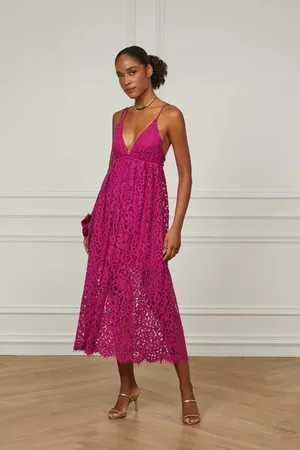 Animale Vestido De Renda Midi Decote v Com Alça Fúcsia Fucsia Festival