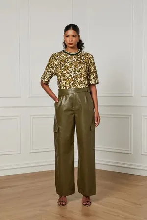 Animale Calça Pantalona Like Leather Com Faixa Na Cintura Verde Figo