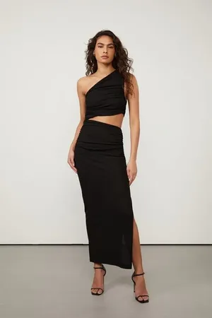 Animale Vestido De Malha Brilho Midi Preto Ombro Só e Cut Lateral Preto