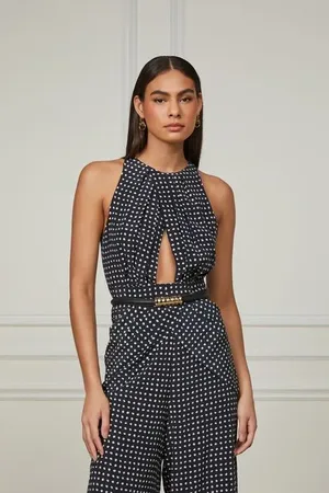 Animale Top Cropped De Seda Sem Manga Com Transpasse Frontal Est Pois Bolinhas Preto e Kirli p
