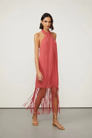 Animale Vestido De Georgette Midi Vermelho Frente Única Franjas Vermelho Argila