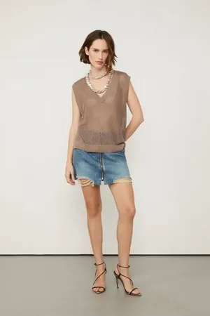 Animale Saia Curta Jeans Box Com Rasgos e Zíper Frontal Jeans Medio