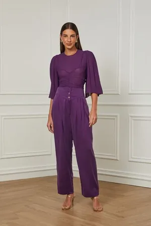 Animale Calça De Seda Com Pala Roxa Pregas Roxo Plum