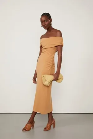 Animale Vestido De Malha Crepe Midi Marrom Ombro a Ombro Cruzado Marrom Nozes