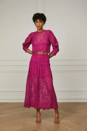 Animale Saia Midi De Renda Com Pala Franzida Fucsia Festival