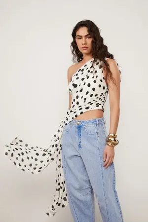 Animale Blusa De Georgette Estampado Um Ombro So Est Pois Ciclos Tofu e Preto