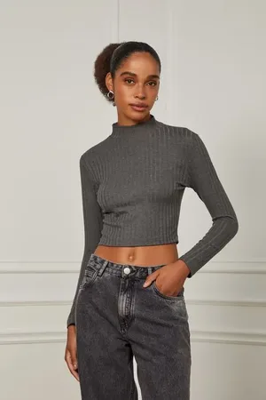 Animale Blusa De Malha Canelada Manga Longa Com Gola Alta Mescla Mescla Escuro
