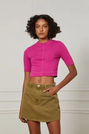 Animale Blusa De Malha Cropped Manga Curta Recorte Central Rosa Tinta