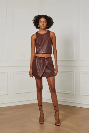 Animale Shorts Saia Like Leather Perfurado Com Ajuste Na Cintura e Bolso Marrom Rum