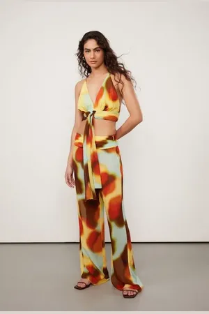 Animale Calça De Georgette Leve Flare Estampada Cintura Alta Est Abstrato Silhuetas Yucca
