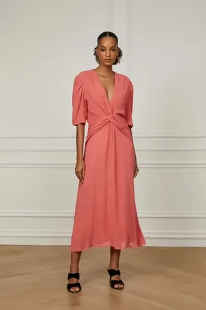 Animale Vestido De Gorgette Pesado Midi Torção Coral Coral Queimado