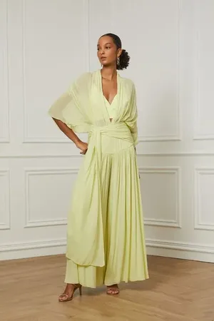 Animale Calça De Georgette Pantalona Ampla Com Franzido e Amarração Amarelo Polen