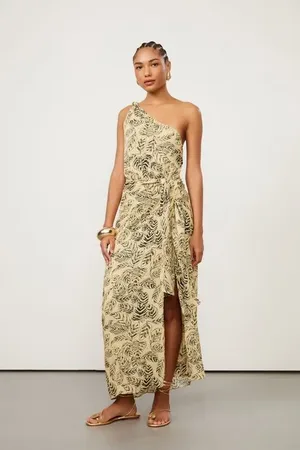 Animale Vestido De Georgette Pesado Midi Um Ombro Só Estampado Est Folhagem Sketch Golden