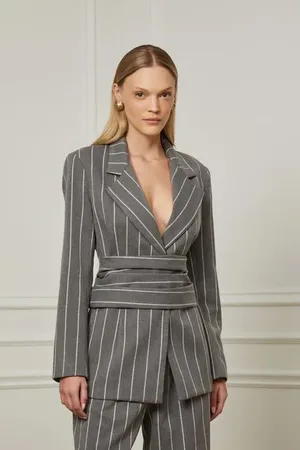 Animale Blazer Cinza Alfaiataria Com Faixa Na Cintura Cinza