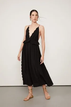 Animale Vestido De Seda Midi Preto Borda Festonê Preto