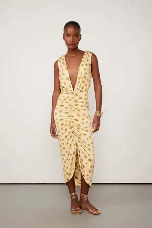 Animale Vestido Midi Estampado Com Decote Est Pois Ciclos Golden e Musgo