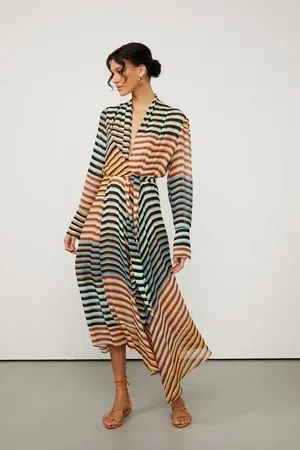 Animale Vestido Midi De Georgette Leve Manga Longa Barra Assimétrica Estampado Est Listra Spirulina Color