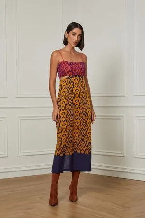 Animale Vestido Algodão Com Linho Midi Bordado Manual Ikat Azul Eclipse