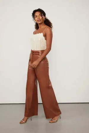 Animale Calça De Couro Pantalona Com Fivelas No Cós Marrom Rum