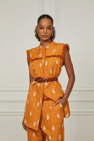 Animale Chemise De Linho Curta Com Bordado Manual Caramelo Goldem