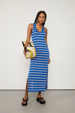 Animale Vestido De Tricot Regata Midi Listrado Listrado Azul Cannes e Laranja Aura