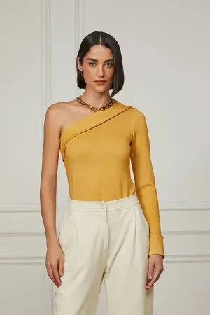 Animale Blusa De Malha Um Ombro Só Com Dobra No Decote Mostarda Ouro