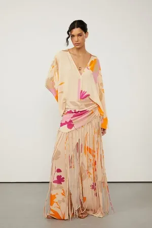 Animale Saia De Georgette Longa Com Fenda e Franjas Estampado Est Floral Geometrico Block Color