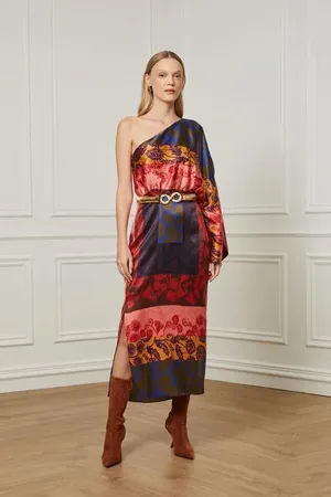 Animale Vestido De Seda Midi Um Ombro Só Estampado Fenda Lateral Est Lenco Floral Etnico Color