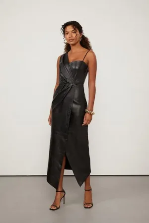 Animale Vestido De Couro Midi Assimétrico Com Drapeado Preto