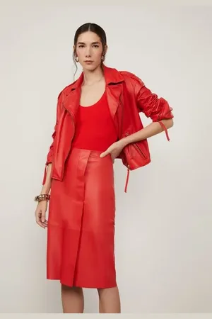 Animale Saia De Couro Midi Classica Fenda Vermelho Fiery
