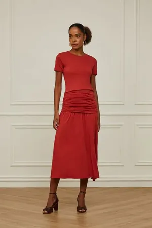Animale Vestido Midi Com Franzido Vermelho Terroso Vermelho Terroso