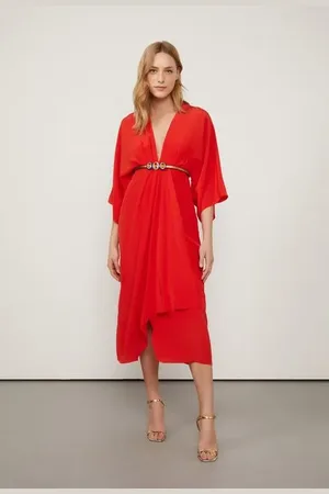 Animale Vestido De Seda Midi Vermelho Manga Ampla Vermelho Fiery