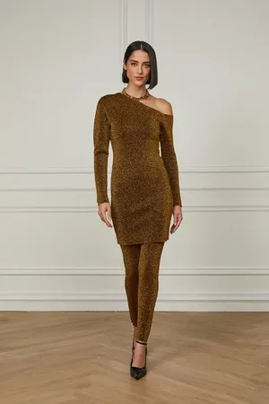 Animale Vestido De Tricot Curto Com Decote Assimétrico e Lurex Dourado Dourado