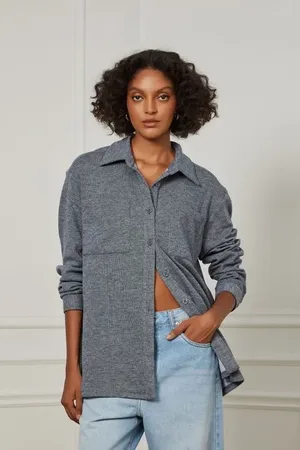 Animale Camisa De Malha Flanelada Com Amarração Na Cintura Azul Eclipse