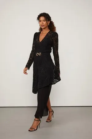Animale Vestido De Renda Longo Manga Longa Preto Decote v Com Cinto Preto